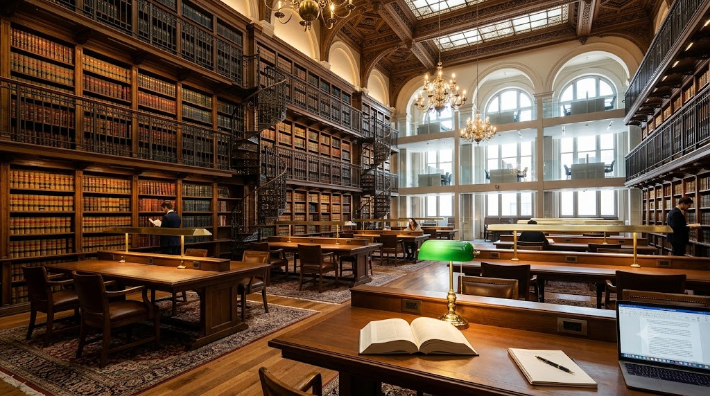 Law library with books and a reading desk