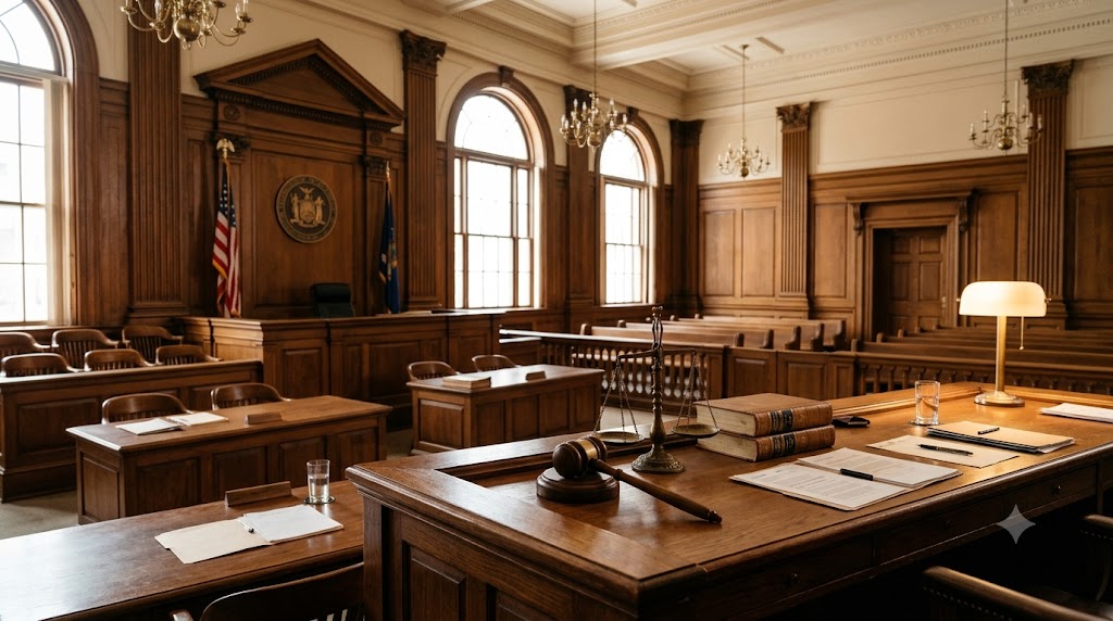 Courtroom with gavel and scales of justice