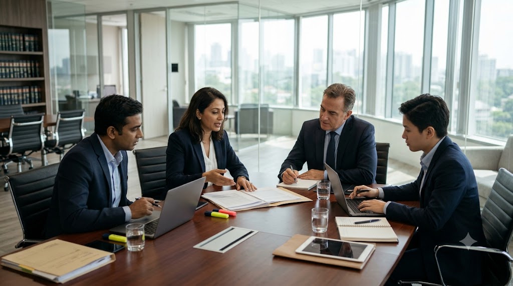 Lawyers discussing a legal matter at a conference table