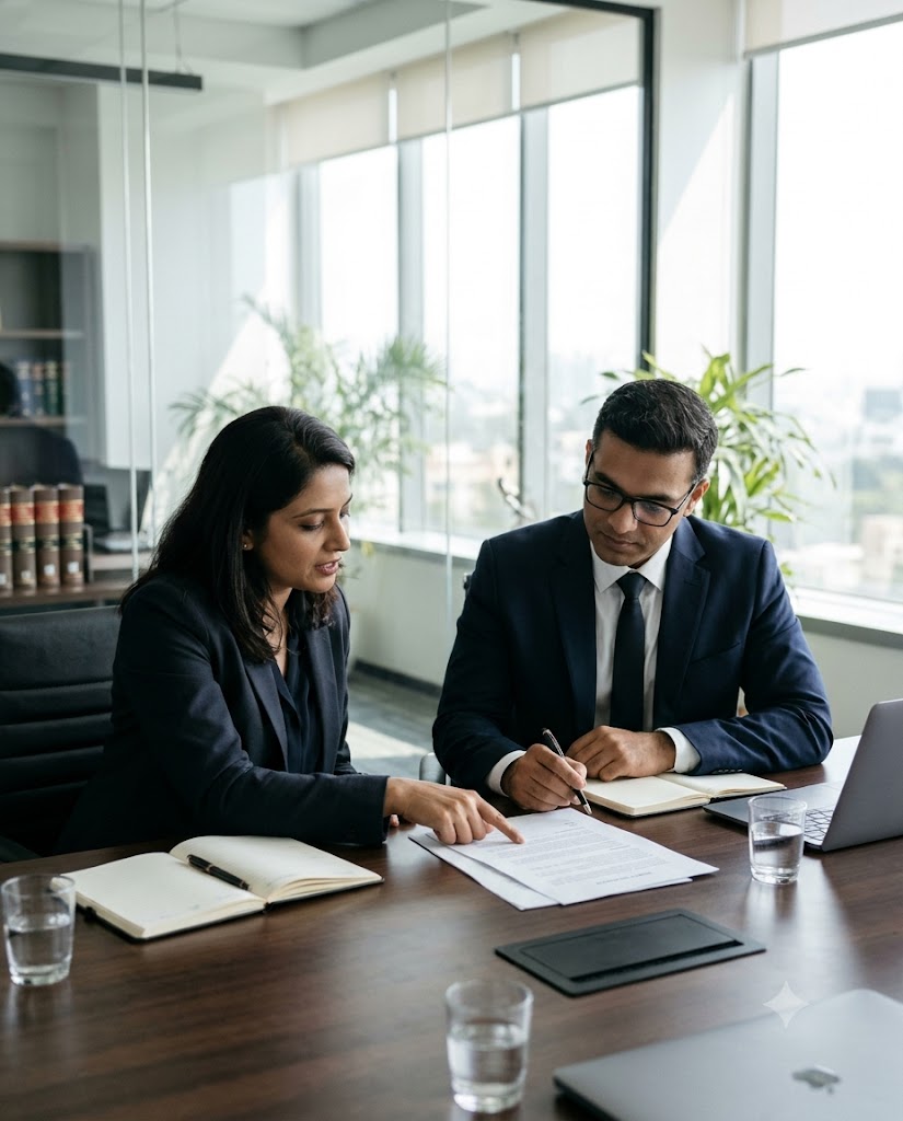 Lawyers reviewing a corporate agreement in a modern office