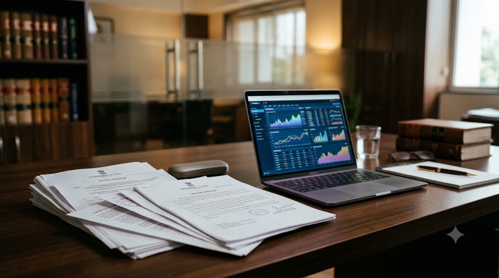Legal documents and a laptop on a desk